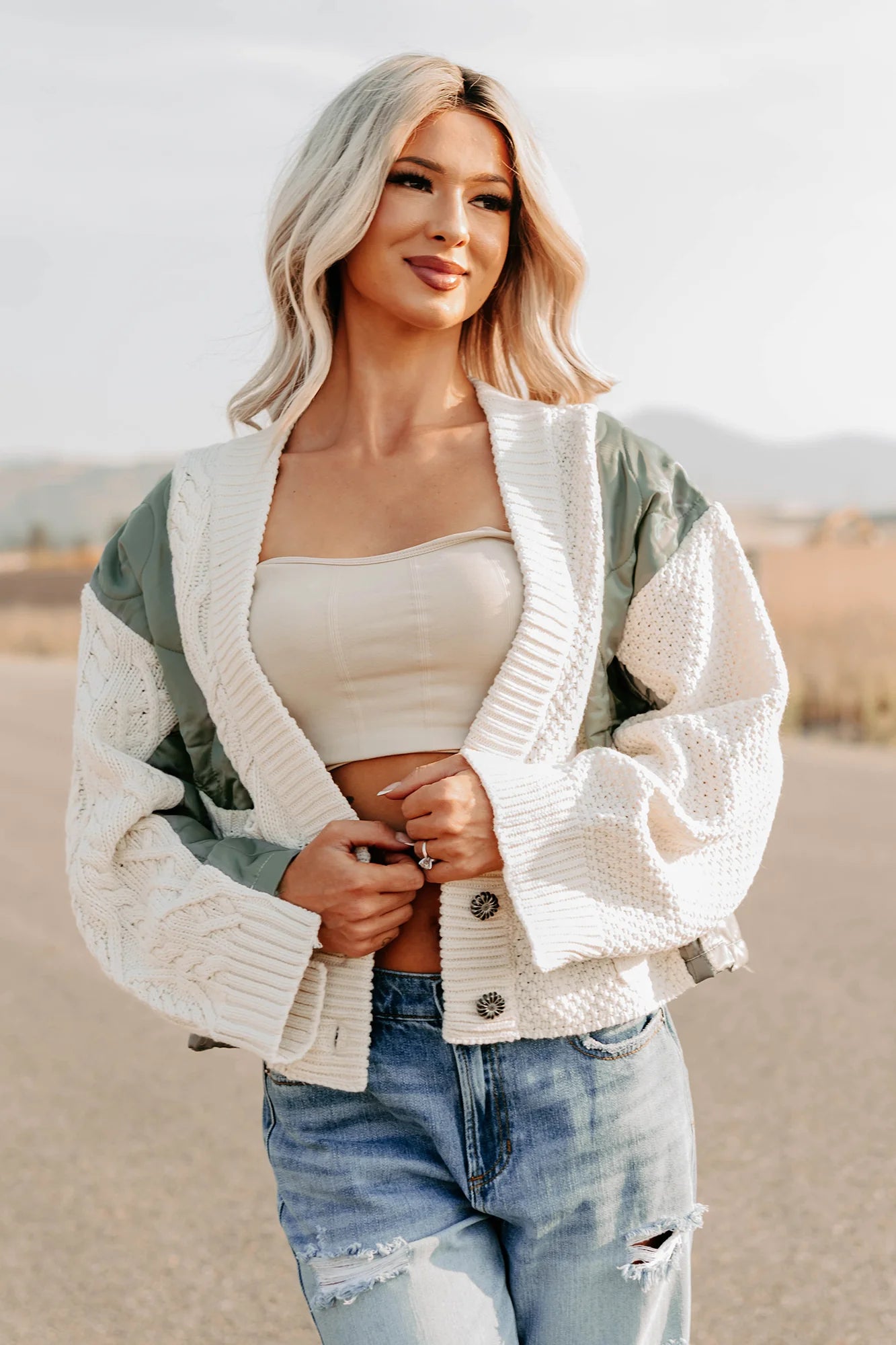 POL LAYER QUILTED CABLE KNIT CARDIGAN (natural/olive