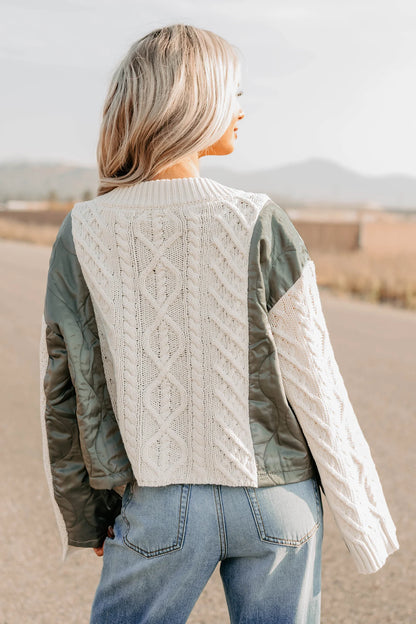 POL LAYER QUILTED CABLE KNIT CARDIGAN (natural/olive