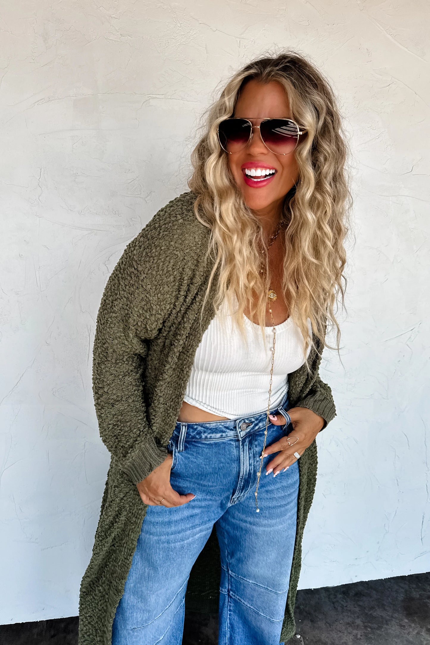 POPPY KNIT POPCORN CARDIGAN- Olive Green