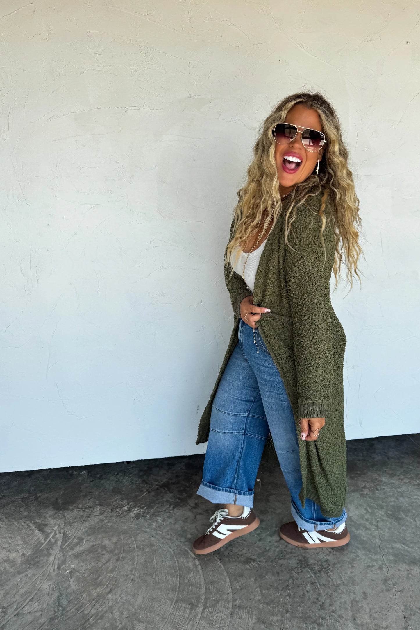 POPPY KNIT POPCORN CARDIGAN- Olive Green