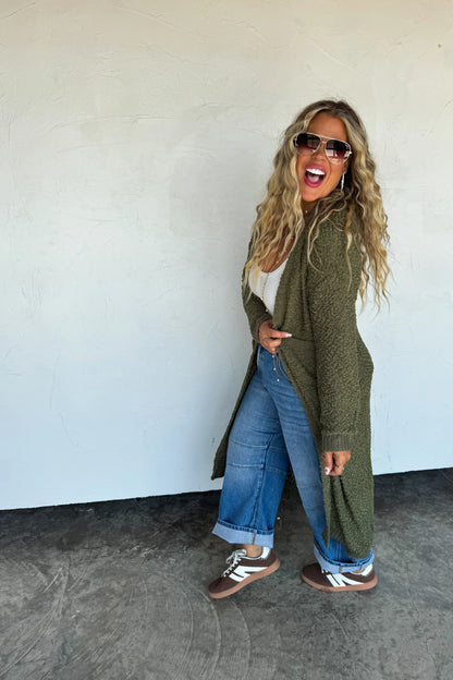 POPPY KNIT POPCORN CARDIGAN- Olive Green