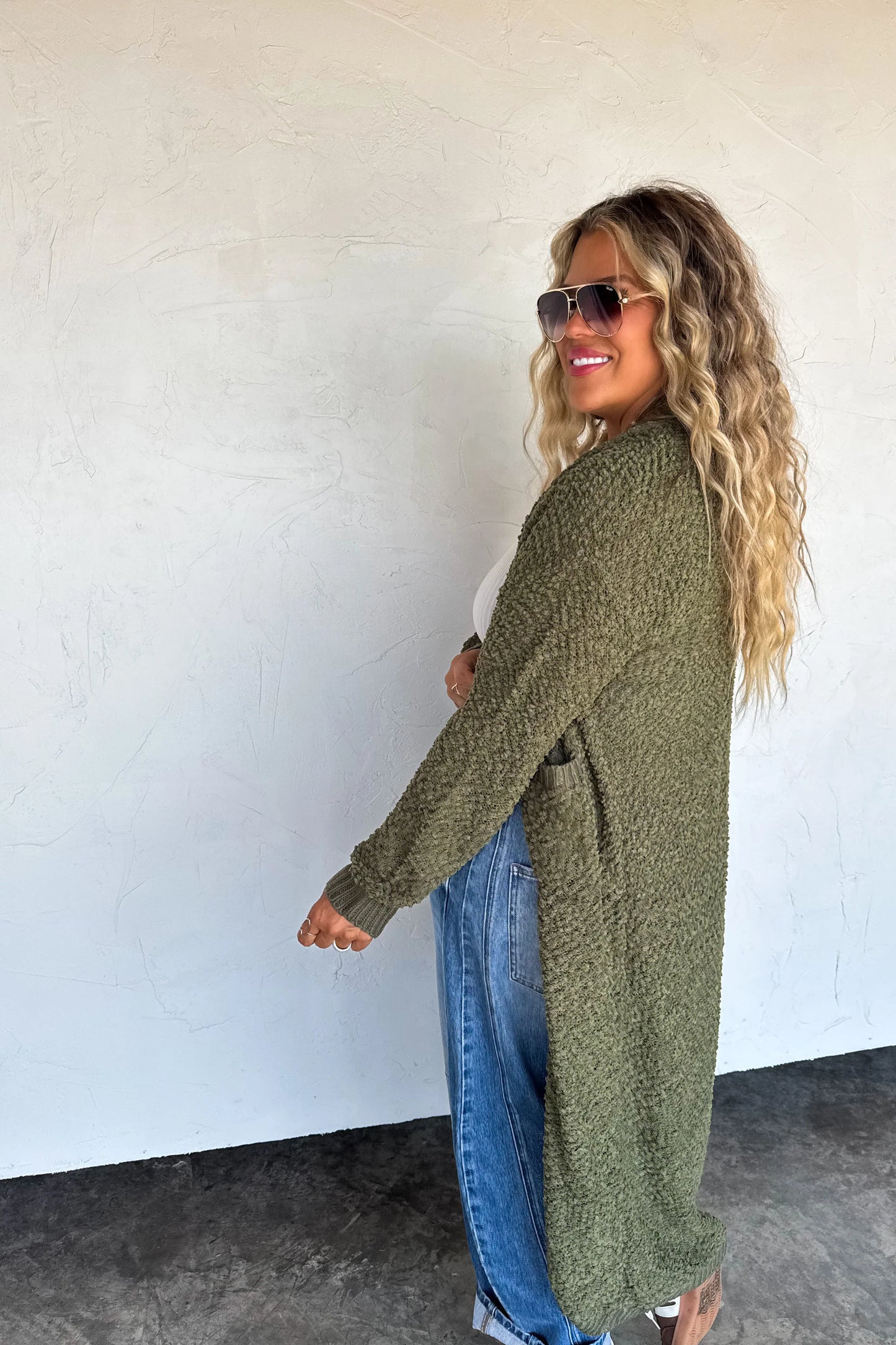 POPPY KNIT POPCORN CARDIGAN- Olive Green