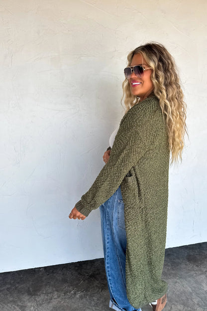 POPPY KNIT POPCORN CARDIGAN- Olive Green