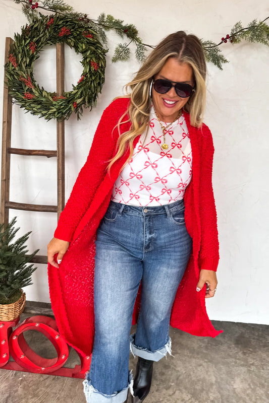 POPPY KNIT POPCORN CARDIGAN- Red