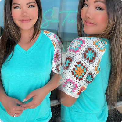 SIA CROCHET SLEEVE SOFT V-NECK AQUA