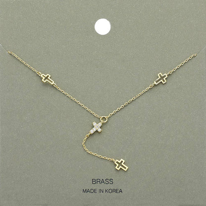STONE PAVED CROSSS POINTED Y SHAPED NECKLACE (SILVER & GOLD)