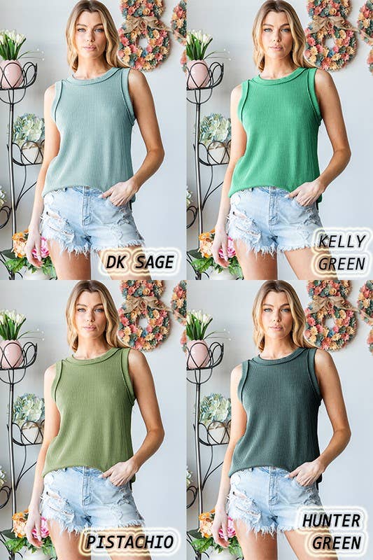 SLEEVELESS SOLID URBAN RIBBED TOP: DK SAGE