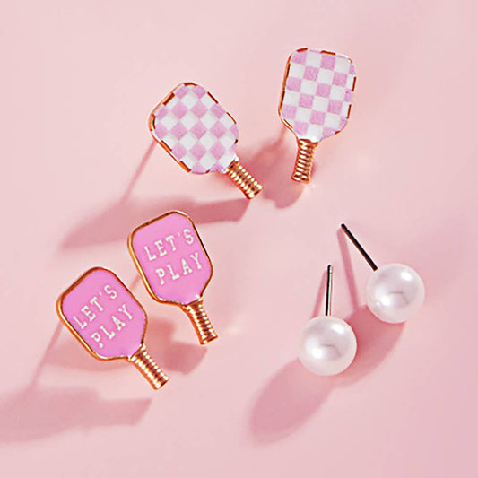 3PAIRS ENAMEL PICKLEBALL PADDLE PEARL STUD SET (MULTIPLE COLORS)