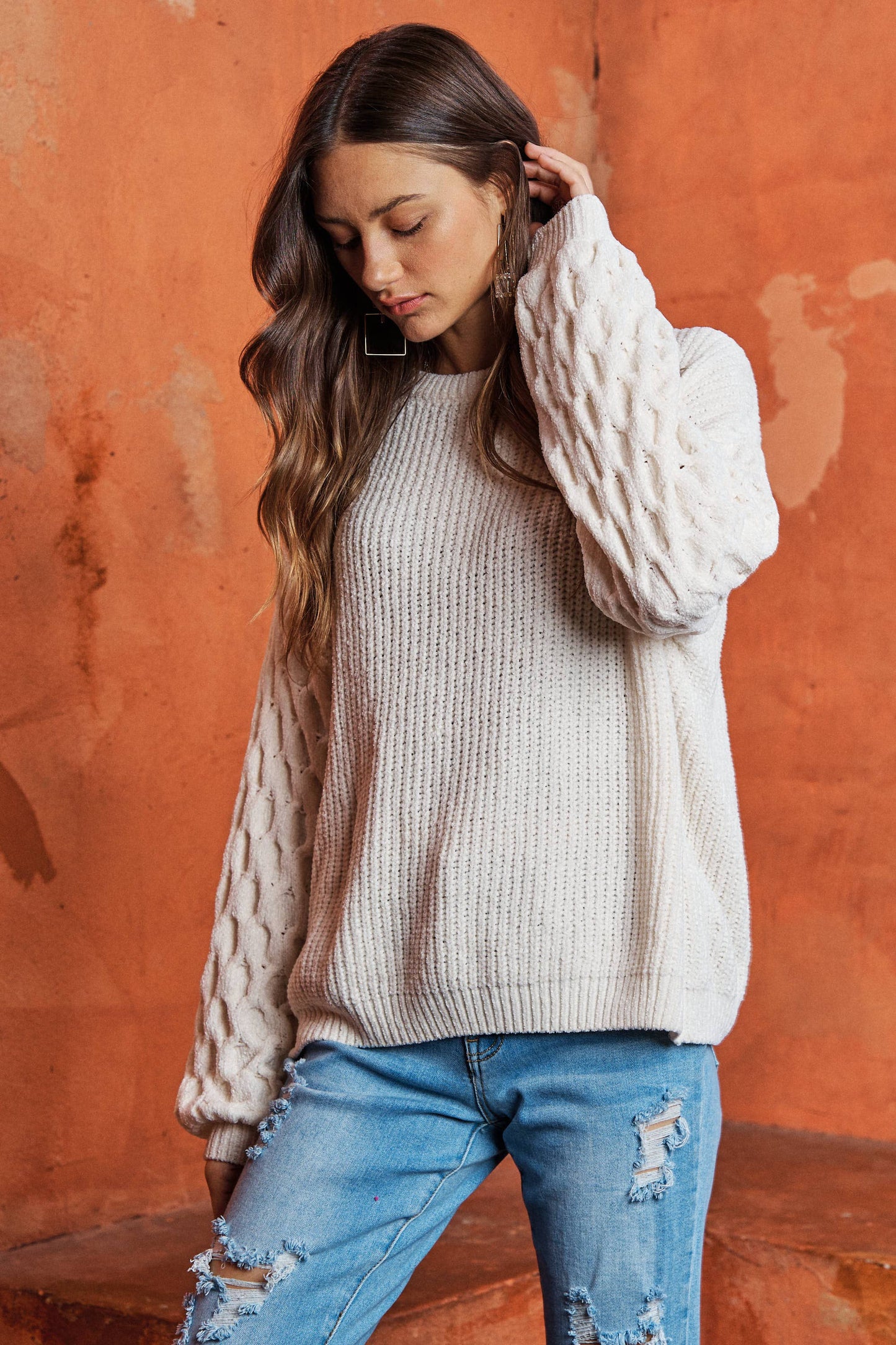 PUFF SLEEVE BUTTERY SOFT SWEATER- PLUS SIZE