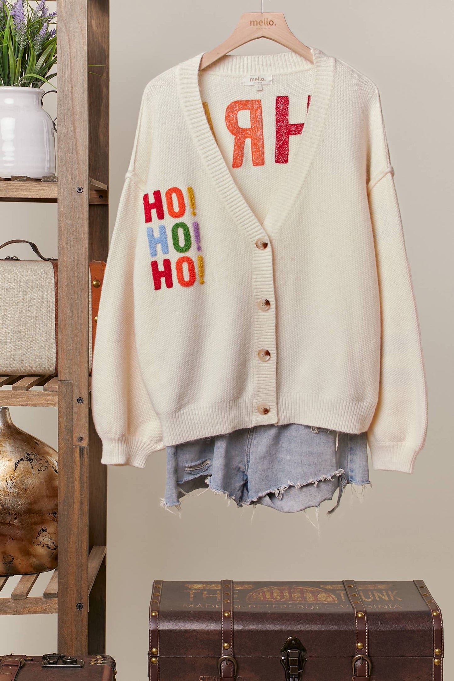CHRISTMAS LETTERING PATCHWORK V NECK CARDIGAN