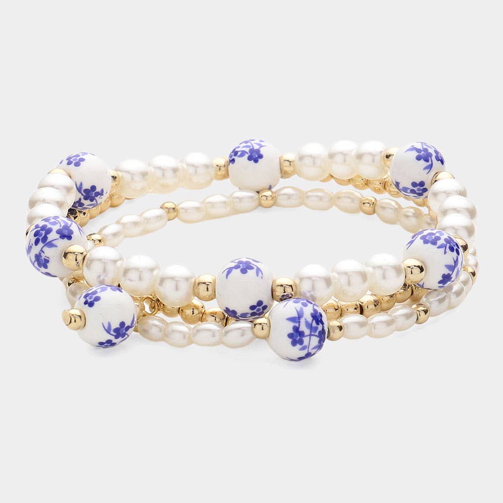3PCS BLUE FLORAL PEARL BEADED STRETCH BRACELET