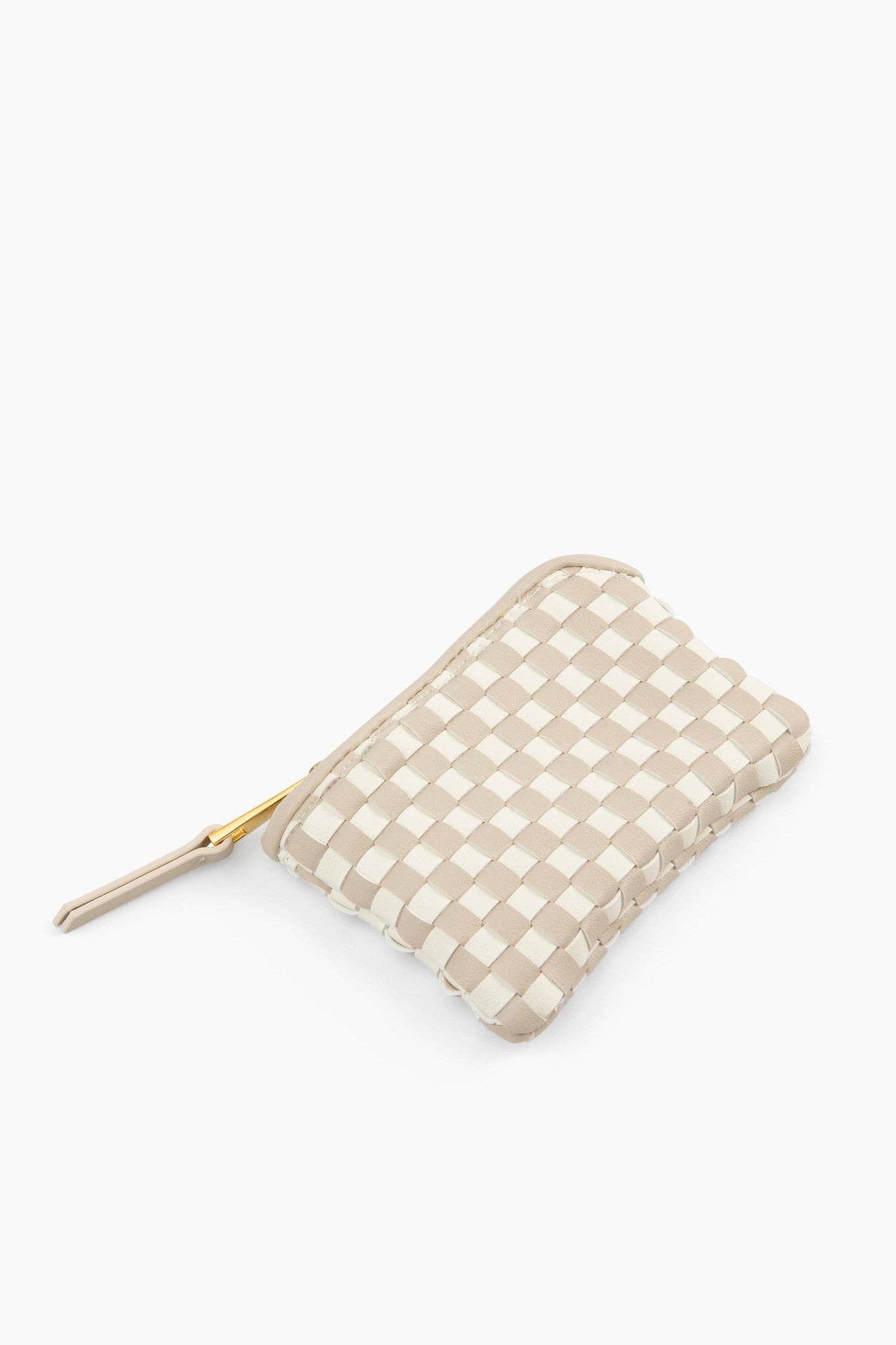 PRE ORDER: The Woven Wallet - Faux Leather Zipper Checkered Wristlet: Beige
