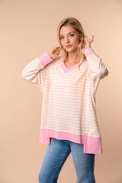 LONG SLEEVE STRIPED KNIT PULLOVER PINK