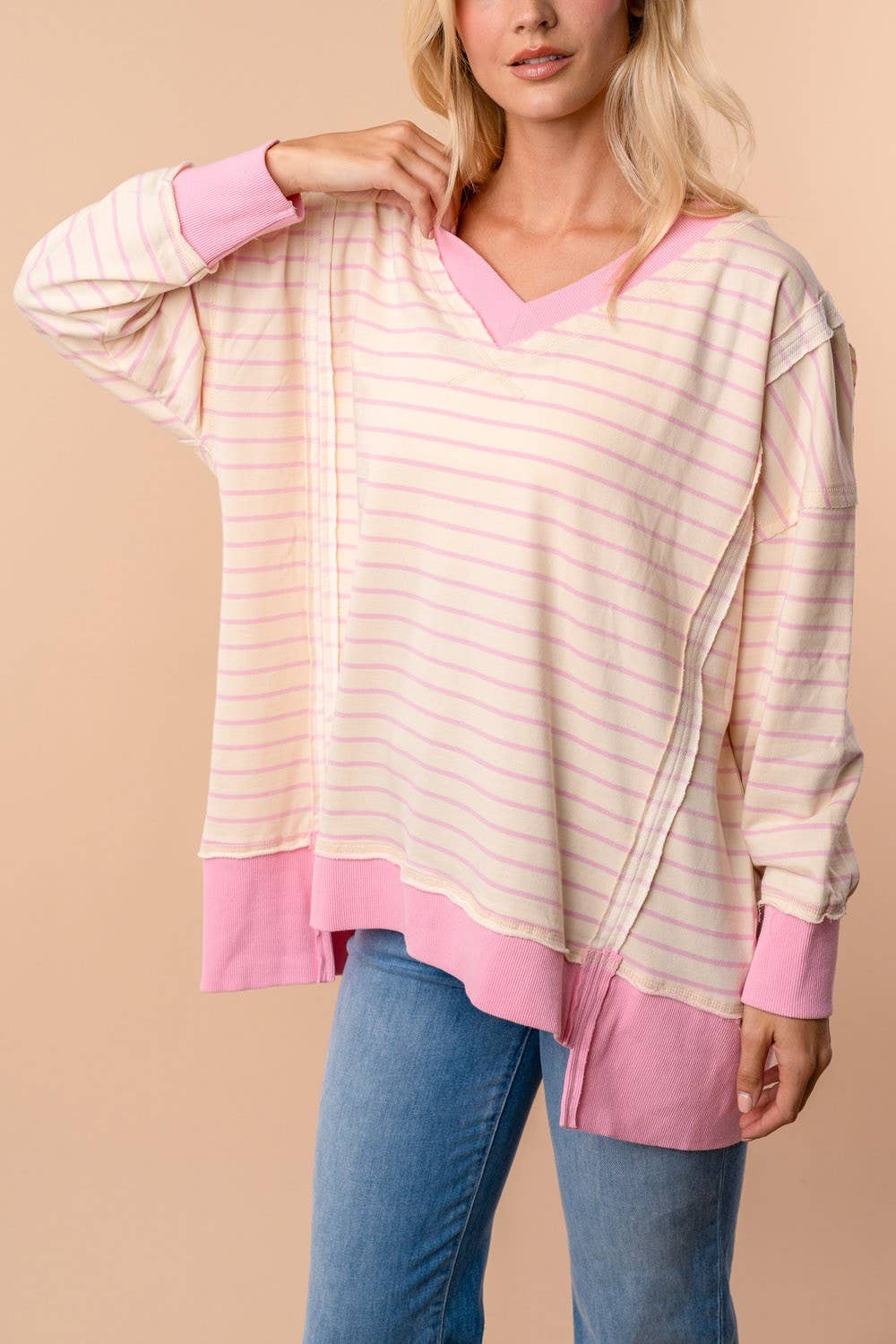 LONG SLEEVE STRIPED KNIT PULLOVER PINK