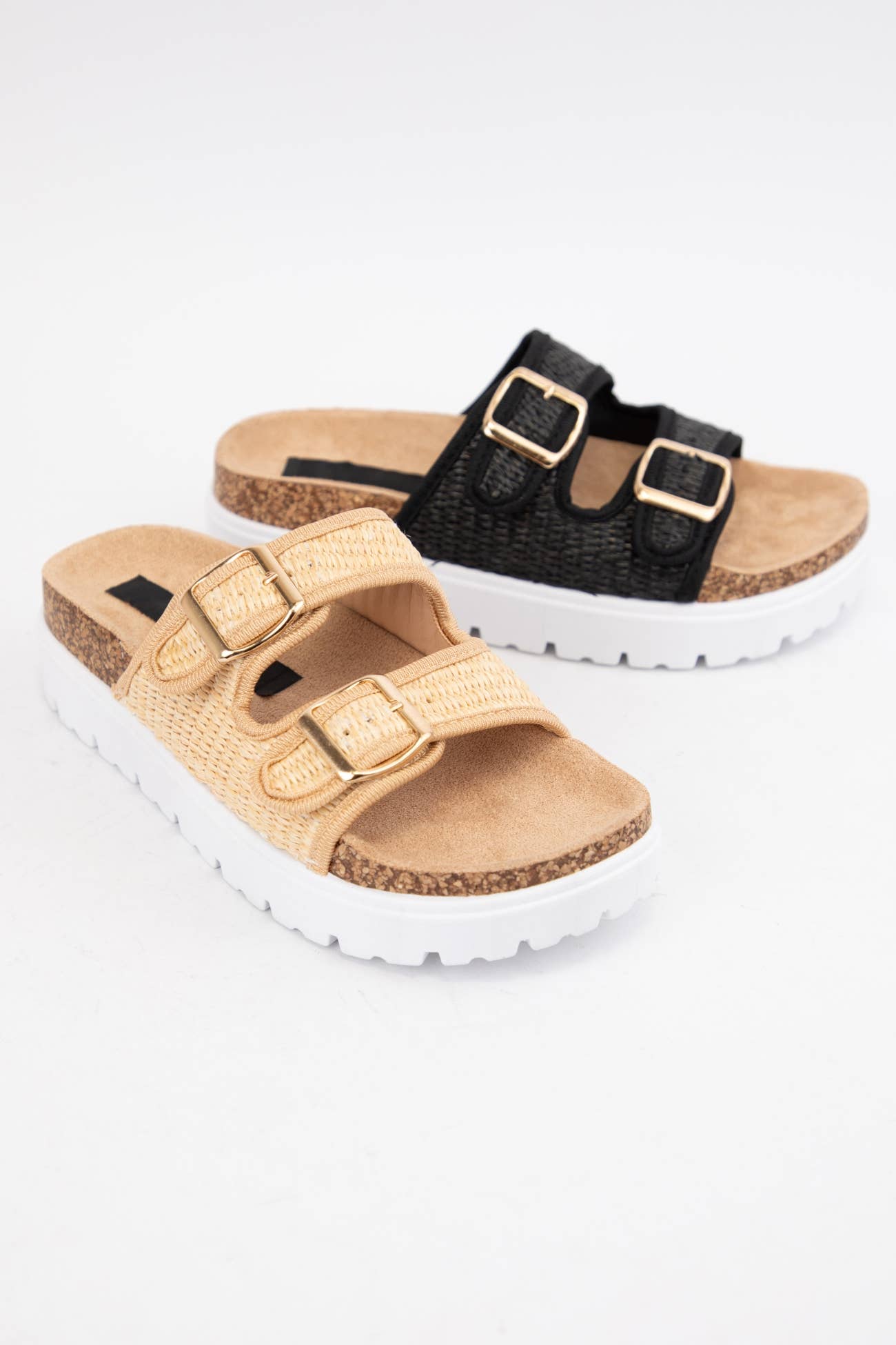 BLACK RAFFIA DOUBLE STRAP PLATFORM SANDAL