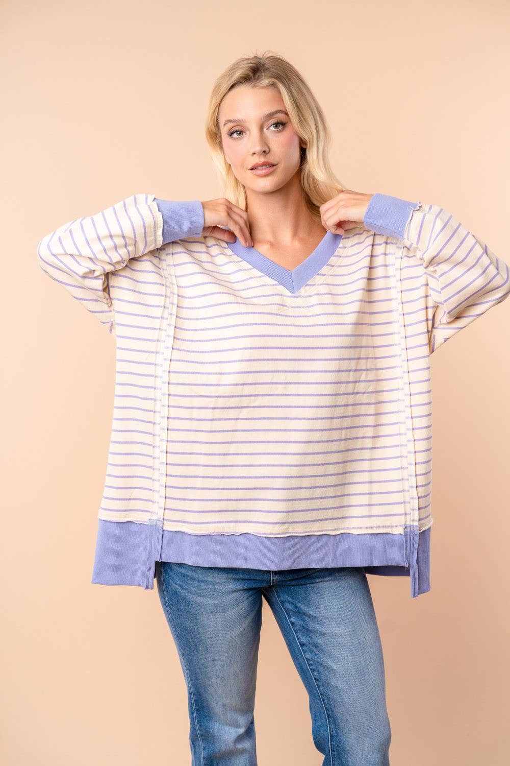 LONG SLEEVE STRIPED KNIT PULLOVER LAVENDER