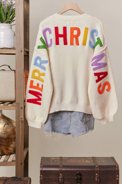 CHRISTMAS LETTERING PATCHWORK V NECK CARDIGAN