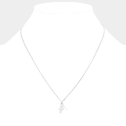 GOLD DIPPED CZ STONE PAVED DOUBLE CROSS PENDANT NECKLACE (SILVER & GOLD)