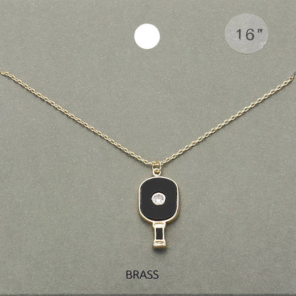 STONE POINTED ENAMEL PICKLEBALL PADDLE PENDANT NECKLACE (MULTIPLE COLORS)