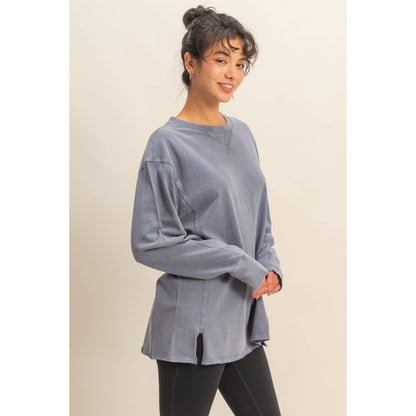 MINERAL WASHED DROP SLEEVE OVERSIZED LONG SLEEVE- Denim Blue