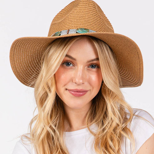 TURQUOISE BEADS BAND STRAW SUN HAT (MULTIPLE COLORS)
