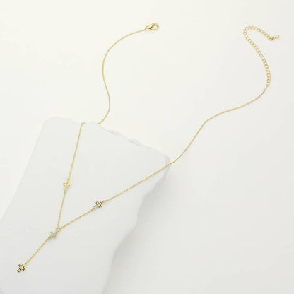 STONE PAVED CROSSS POINTED Y SHAPED NECKLACE (SILVER & GOLD)