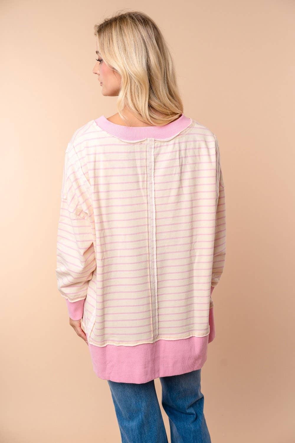 LONG SLEEVE STRIPED KNIT PULLOVER PINK