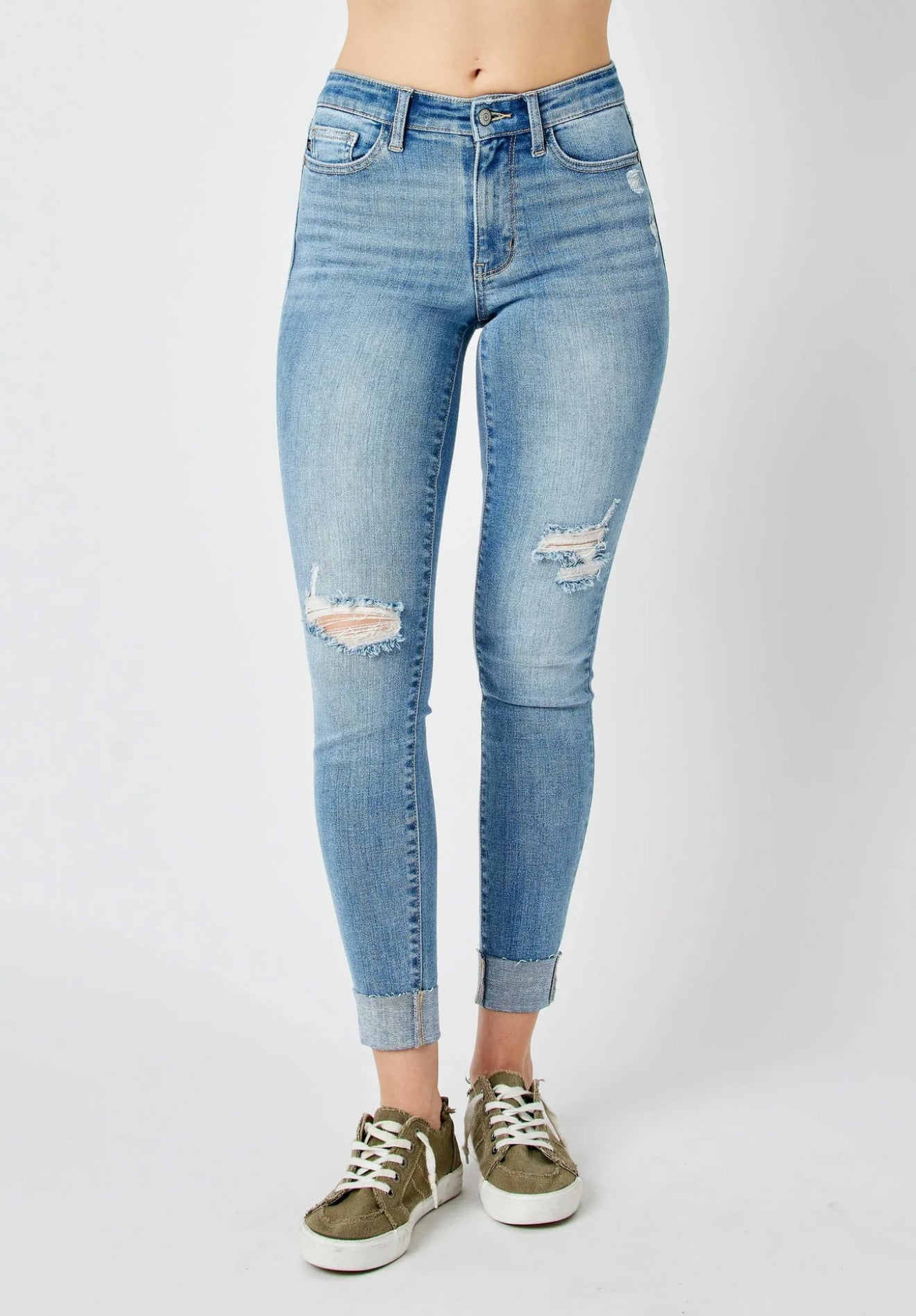 JUDY BLUE MID RISE DESTROY & CUFF SKINNY DENIM