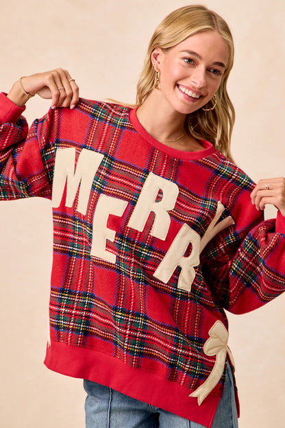 MERRY SIDE BOW PATCHES PLAID PULLOVER