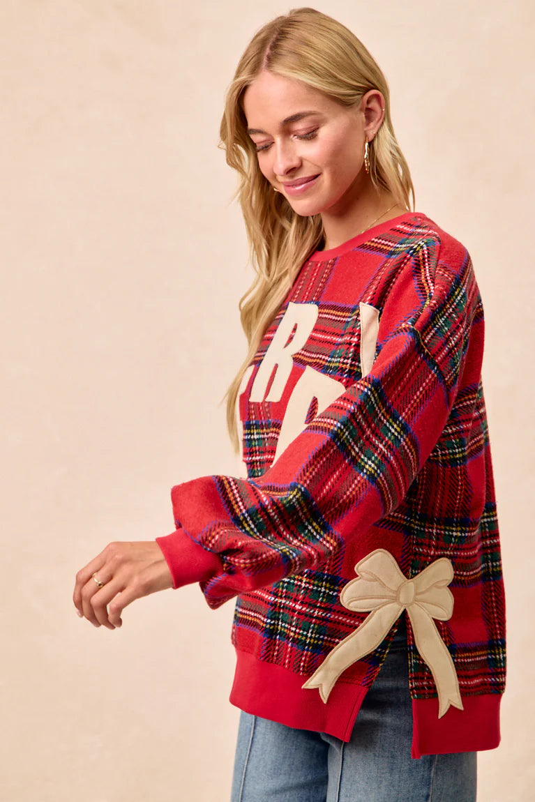 MERRY SIDE BOW PATCHES PLAID PULLOVER