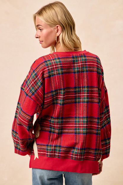 MERRY SIDE BOW PATCHES PLAID PULLOVER