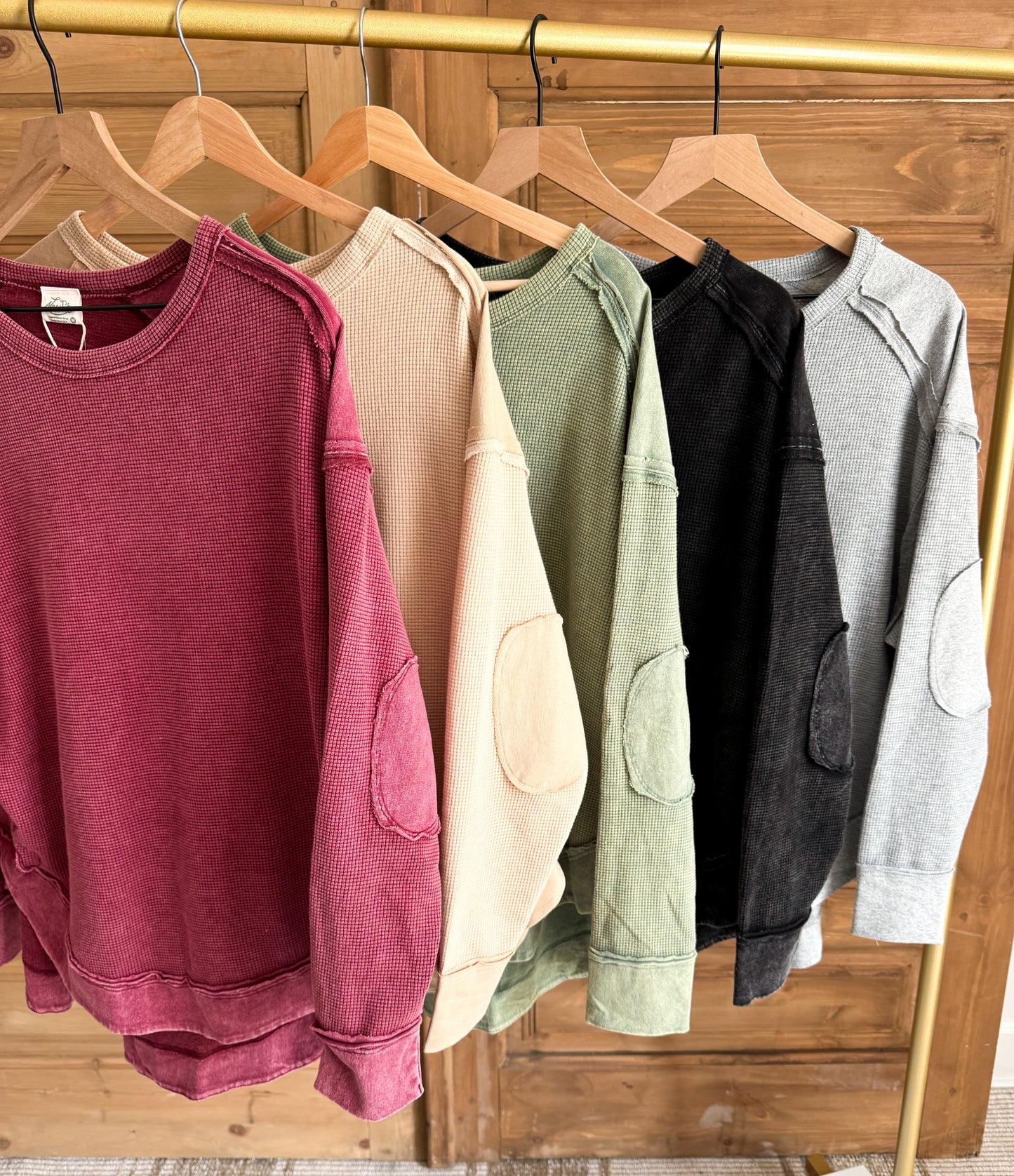 MINERAL WASHED ELBOW PATCHED CONTRAST TOPS- *Multiple Colors