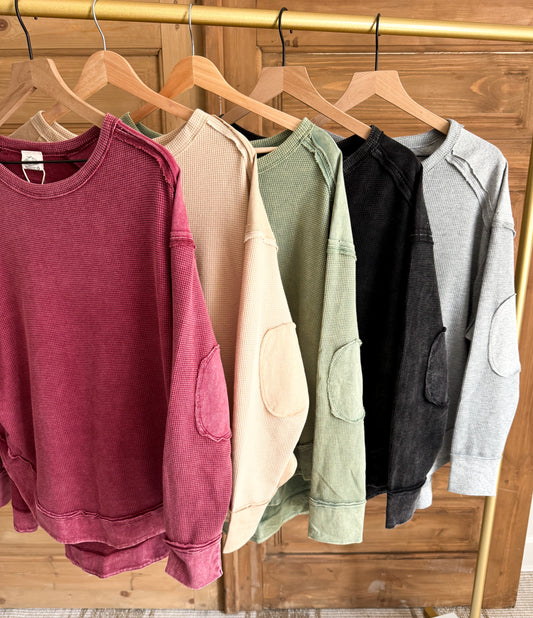 MINERAL WASHED ELBOW PATCHED CONTRAST TOPS- *Multiple Colors